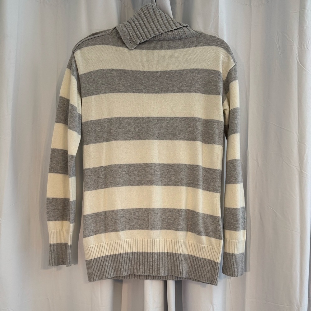Banana Republic 100% Cotton Striped Cowl Neck Sweater Gray Cream Women’s Medium - Picture 3 of 7